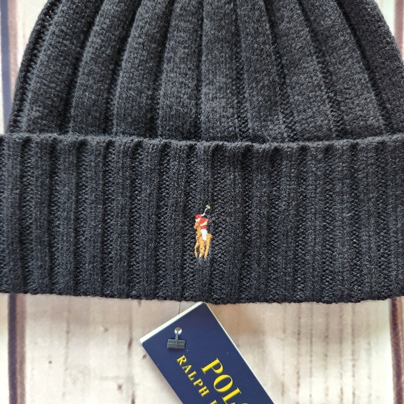 NWT Polo Ralph Lauren Beanie Wool Blend Rib Knit Cuff Pony Logo Black Unisex - Picture 3 of 7
